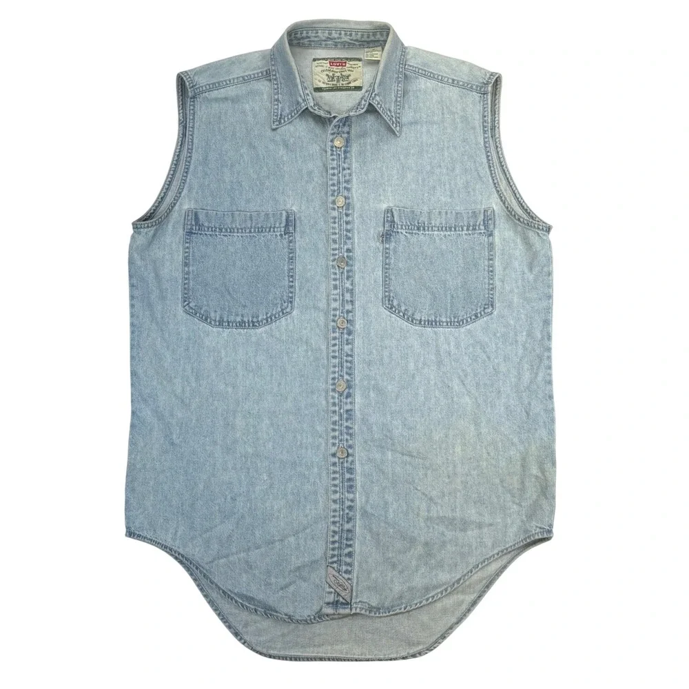 Vintage 80s Levis Sleeveless Denim Shirt M Made Hong Kong Western Snap Jean Ves